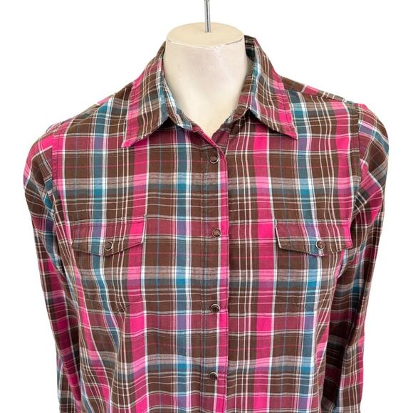 WRANGLER Long Sleeve Plaid Pearl Snap Western Shirt  Brown Pink Blue  SZ L - Picture 3 of 9